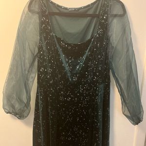 Green Party dress with silver glitter detailing all over dress.
